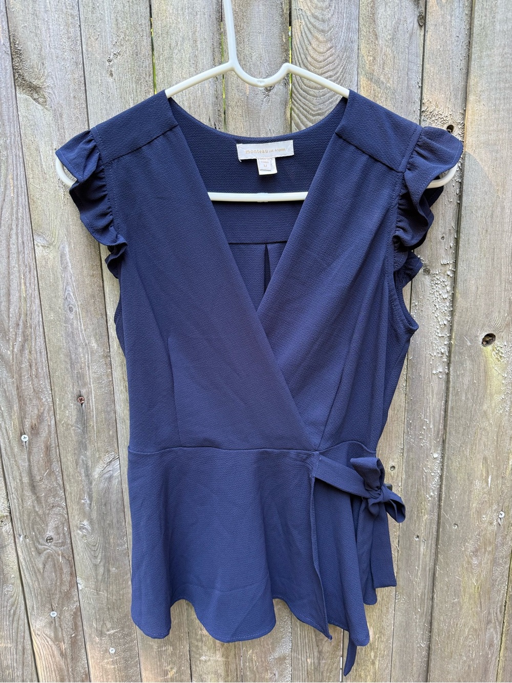 Monteau Ruffle Cap Sleeve Faux Wrap Peplum Top Blouse Navy Blue